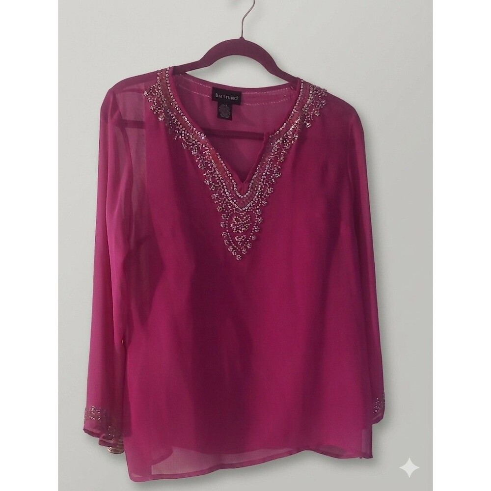 Bay Studio Womens Pink 100% Silk Blouse V Neck Beaded Neckline Career Top S